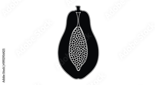 A stylized black and white illustration of a halved papaya fruit