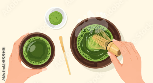 Top-down view vector illustration of a traditional Japanese tea ceremony showing hands whisking matcha powder into a frothy green tea using a bamboo chasen whisk and chashaku scoop.