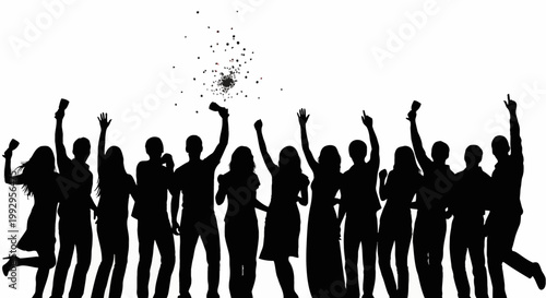 Silhouette of a large group of diverse people celebrating with raised arms and drinks, featuring a central burst of confetti and sparkles isolated on a plain white background.