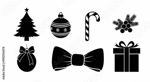 Set of black Christmas silhouettes including a Christmas tree with star, striped candy cane, mistletoe berries, gift box with ribbon, decorative baubles, and bow isolated on white.
