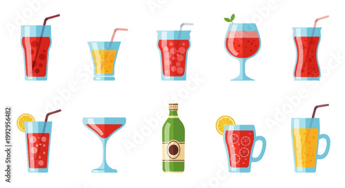 Flat vector beverage icon set featuring colorful drinks in diverse glassware including cocktails, fruit juices, and sodas with straws, citrus garnishes, and a green glass bottle.