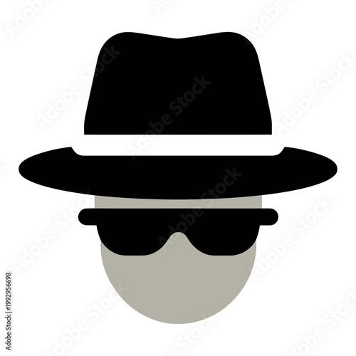 Minimal icon of hat and glasses symbolizing anonymity, espionage, secret identity, and undercover surveillance concept.