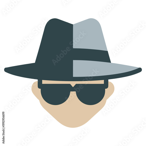 Minimal icon of hat and glasses symbolizing anonymity, espionage, secret identity, and undercover surveillance concept.