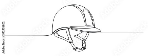 Minimalist continuous line drawing of an equestrian helmet symbolizing safety equipment for horse riding and sport.