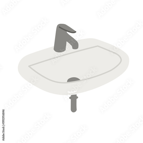 White wash basin with grey tap. Minimalist bathroom sink featuring modern faucet and drain. Vector isolated illustration. Sanitary equipment icon showing ceramic bowl. Design element