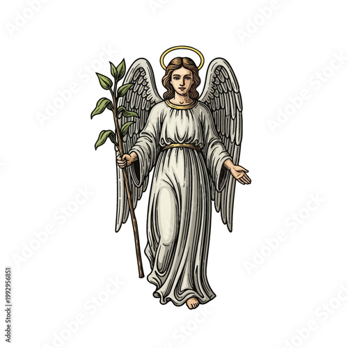 Vintage woodcut engraving style illustration of a female angel with large feathered wings and a golden halo, wearing a long white robe and holding a green leafy olive branch.