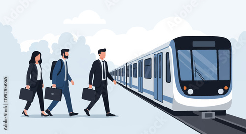 Vector illustration of business professionals in suits carrying briefcases and walking on a station platform next to a modern commuter train for daily work travel and commute.