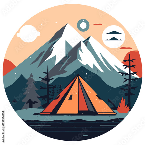 Flat illustration of a tent set near snowy mountains, evoking cold weather camping, adventure travel, and rugged outdoor exploration.