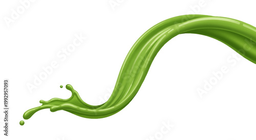 Dynamic green liquid splash of matcha tea or vegetable juice flowing in a curved wave with smooth glossy texture and small droplets isolated on a plain white background.