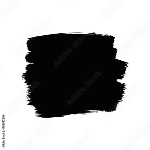 Solid black acrylic paint brush stroke isolated on a white background, featuring thick textured horizontal lines with rough jagged edges and visible bristle marks for design.