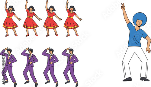 Vector Set of Dancing Characters with Colorful Outfits, Disco Moves, and Fun Dance Poses for Party, Celebration, and Dance Illustration Concepts