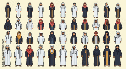 Large pixel art collection of Middle Eastern characters in traditional Arab attire including abayas, hijabs, thobes, and kanduras, isolated on a light background for game assets.
