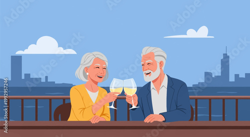 Happy mature couple with grey hair sitting on a balcony clinking white wine glasses in a toast, city skyline and waterfront background, flat vector illustration graphic style.