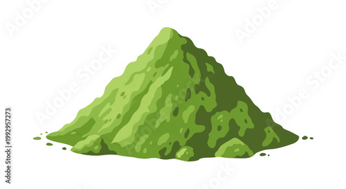 Illustration of a heap of bright green matcha tea powder isolated on a white background, representing Japanese ground tea leaves used for beverage preparation and healthy cooking.