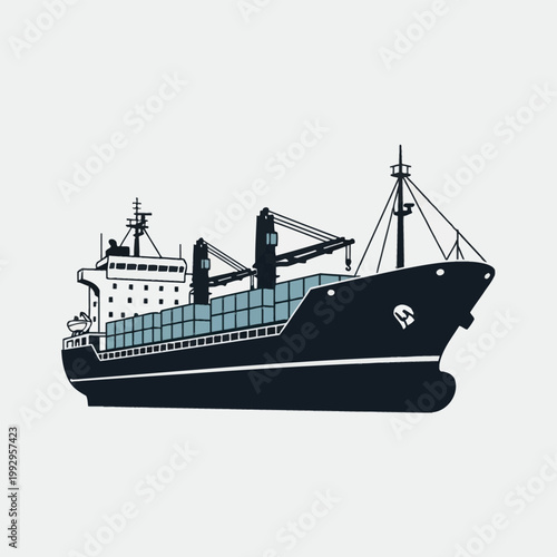 Vector illustration of a maritime cargo container ship featuring stacked blue containers on deck, integrated loading cranes, bridge superstructure, and masts isolated on white.