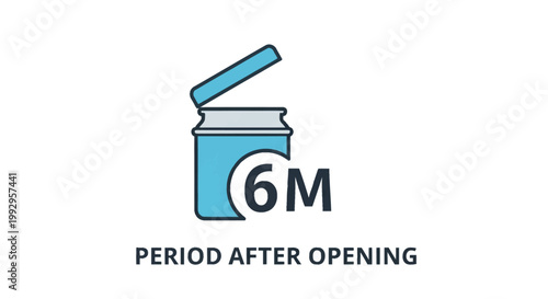 Vector illustration of a 6 months period after opening PAO symbol icon on a white background, featuring a blue open cosmetic jar and text indicating product shelf life.