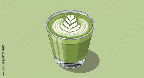Vector illustration of a green matcha latte in a clear glass featuring white rosetta foam art on the surface, positioned on a solid light green background with a soft shadow.
