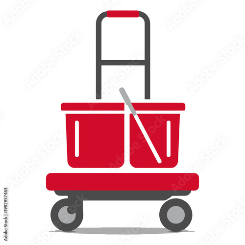 Simple flat illustration of a red shopping cart, symbolizing retail, e-commerce and purchasing activity.