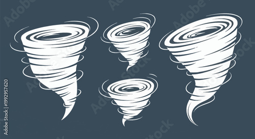 Set of four white stylized tornado and vortex icons depicting swirling wind storms, cyclones, and twisters, isolated on a dark gray background for weather graphic design.