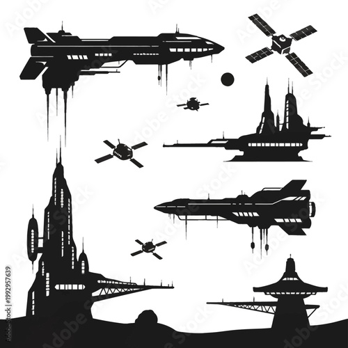 Black silhouette icons of futuristic space station modules, interstellar starships, orbital satellites, and planetary colony bases isolated on a plain white background.
