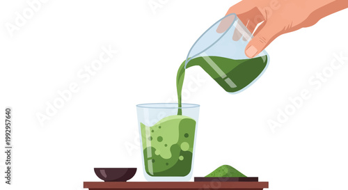 Vector illustration of a hand pouring green matcha tea from a glass beaker into a glass cup with foam, including green powder and a small bowl on a tray against a white background.