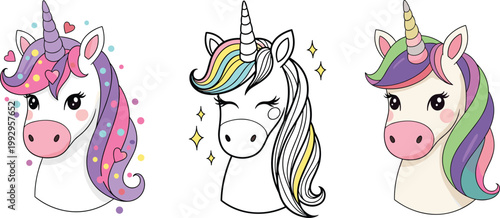 Vector Set of Cute Unicorn Heads with Colorful Manes and Magical Designs for Fantasy, Fairytale, and Whimsical Illustration Concepts