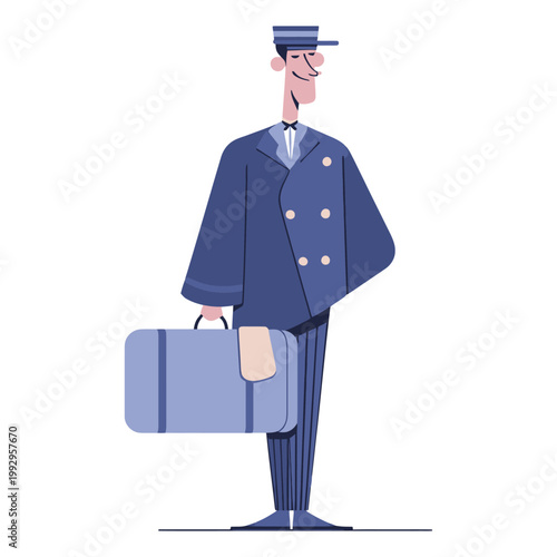 Flat vector of retro concierge holding suitcase, symbolizing hospitality service, guest assistance, and classic hotel staff role.