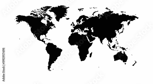 Minimalist black world map silhouette on a white background, featuring high-contrast landmasses of all continents and major islands for global geography and graphic design projects.