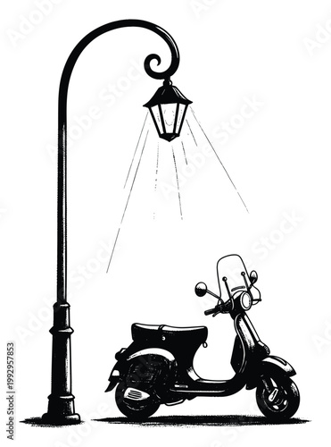 Classic scooter parked beneath a tall oldfashioned street lamp creating a stark graphic monochrome visual for travel or urban themes.