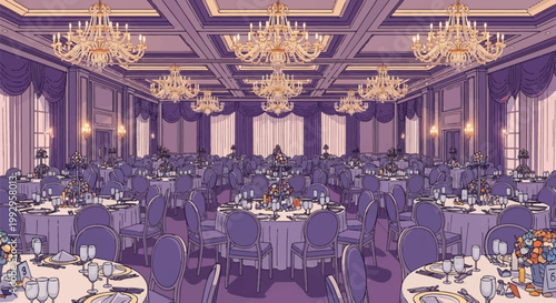 Ornate ballroom interior vector illustration with multiple round tables set for a banquet, purple upholstered chairs, elegant drapery, and several large crystal chandeliers overhead.