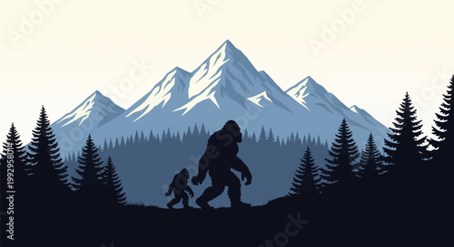 Minimalist vector illustration of a bigfoot family silhouette walking through a wilderness scene featuring evergreen pine forests and jagged blue snow-capped mountain peaks.