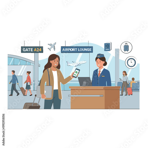 Woman shows boarding pass to airline staff at airport gate with travel luggage