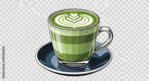 Vector illustration of a hot matcha green tea latte in a clear glass cup with white heart foam art on a dark blue saucer, isolated on a transparent background for graphic design.