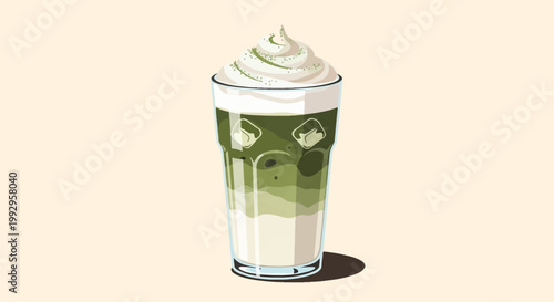 Vector illustration of a layered iced matcha green tea latte in a tall glass with ice cubes, topped with whipped cream and a dusting of green tea powder on a solid light background.