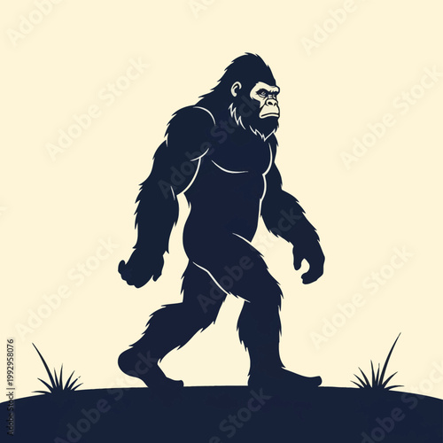 Bigfoot silhouette walking in profile on a grassy hill, large muscular sasquatch vector illustration, mythical forest creature icon isolated on a light background.