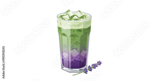 Vector illustration of an iced layered matcha lavender latte in a tall glass with ice cubes, green tea powder on foam, and a sprig of lavender isolated on a white background.
