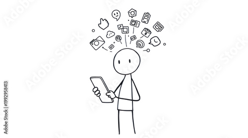 Digital Life with a Person Engrossed in Smartphone Usage and Floating Social Media Icons