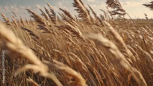 Golden wheat sways gently in a serene rural field landscape under cloudy skies.