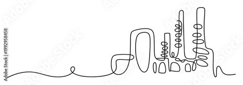 Continuous line drawing of an abstract modern cityscape or industrial silhouette for contemporary business presentations and technology company branding.