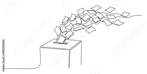 Single line drawing illustrating papers flying out of a ballot box symbolizing election, democracy, and freedom for political campaign graphics