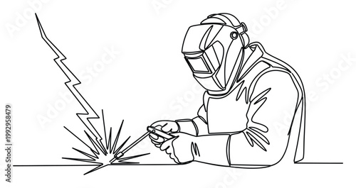 Continuous line art of a welder in mask performing welding with sparks and lightning.