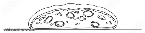Continuous line drawing of a delicious half calzone filled with tasty ingredients perfect for food blogs and restaurant menus