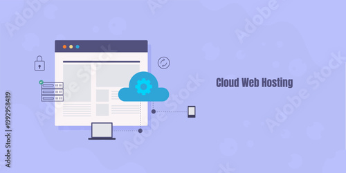 Cloud infrastructure hosts website on secure server, sync files and distribute content across devices using reliable network connection.