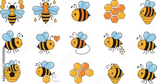 Cute Bee and Honeycomb Icon Set Featuring Bees, Honey, and Floral Elements for Nature, Wildlife, and Sweet Products Designs