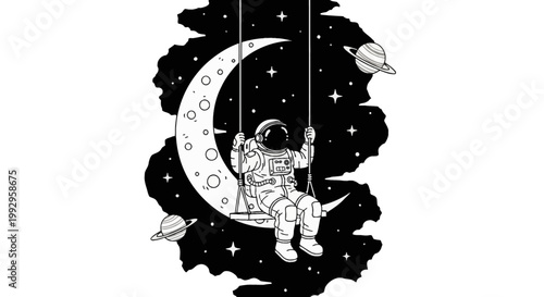 Black and white vector illustration of an astronaut sitting on a swing in outer space with a crescent moon, ringed planets, and stars, isolated on a white background silhouette.