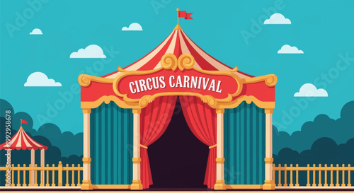 Detailed vector illustration of a circus carnival big top tent entrance featuring a red and white striped canopy, open red stage curtains, gold trim, and a blue sky with white clouds.