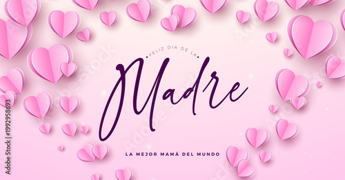 Happy Mother's Day Greeting Card Design with Heart and Cut Out Typography Lettering on Light Pink Background. Feliz Dia de La Madre Spanish Language Vector Illustration for Loved and Best Mom
