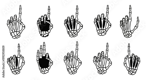 Set of ten human skeleton hand icons pointing upward with the index finger, black and white vector illustrations featuring anatomical bone details for medical or gothic design.