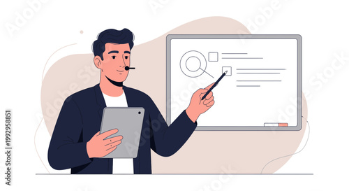 Man presenting with tablet and whiteboard, online teaching, business meeting, data analysis