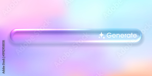 Glossy 3D glass morph button with transparent blur effect and generation icon for modern web design and digital interfaces. Vector illustration.